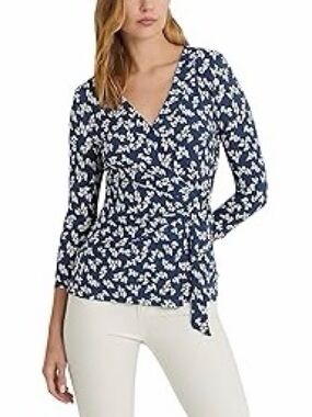 Women's Navy Floral Wrap Top with Tie Waist